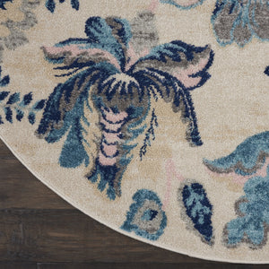 Homeroots 5' Stunning Floral Round Rug In Ivory, Navy & Light Blue - Durable, Stain Resistant, Perfect For Homes!  Polypropylene 553275