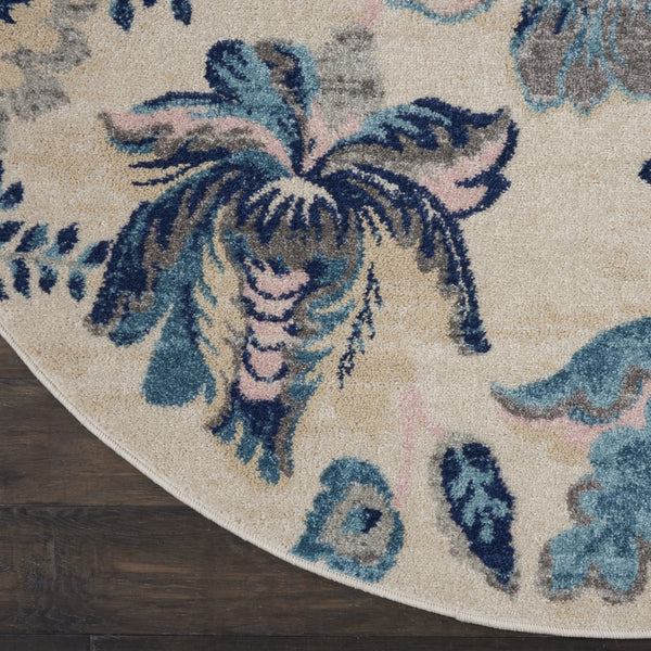 Homeroots 5' Stunning Floral Round Rug In Ivory, Navy & Light Blue - Durable, Stain Resistant, Perfect For Homes!  Polypropylene 553275