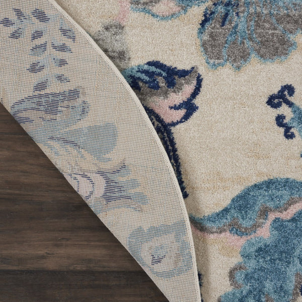 Homeroots 5' Stunning Floral Round Rug In Ivory, Navy & Light Blue - Durable, Stain Resistant, Perfect For Homes!  Polypropylene 553275