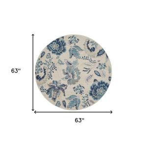 Homeroots 5' Stunning Floral Round Rug In Ivory, Navy & Light Blue - Durable, Stain Resistant, Perfect For Homes!  Polypropylene 553275