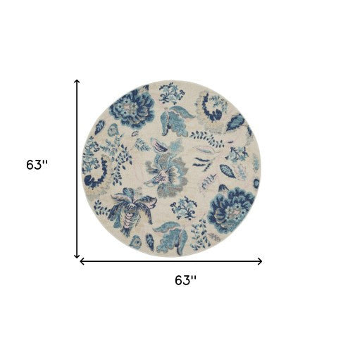 Homeroots 5' Stunning Floral Round Rug In Ivory, Navy & Light Blue - Durable, Stain Resistant, Perfect For Homes!  Polypropylene 553275