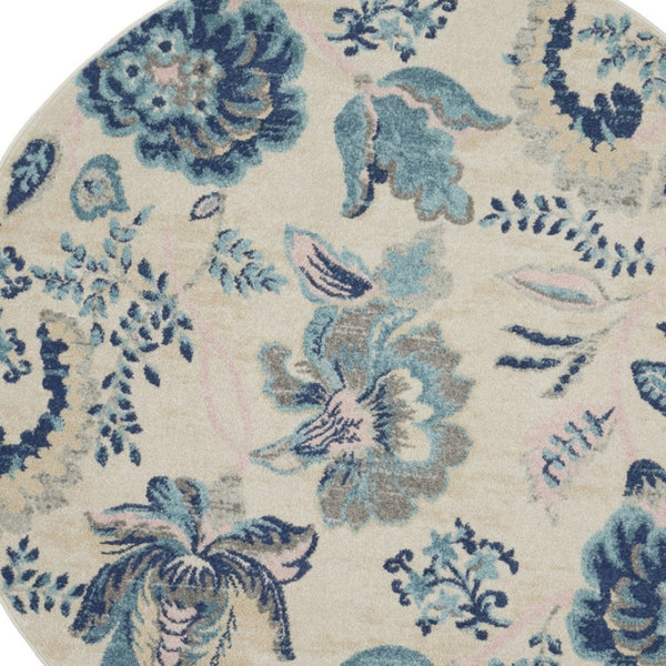 Homeroots 5' Stunning Floral Round Rug In Ivory, Navy & Light Blue - Durable, Stain Resistant, Perfect For Homes!  Polypropylene 553275
