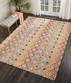Homeroots 8' Ivory Blue And Red Geometric Hand-tufted Wool Area Rug – Unique Bohemian Statement Piece For Home  Wool 553295