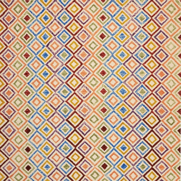 Homeroots 8' Ivory Blue And Red Geometric Hand-tufted Wool Area Rug – Unique Bohemian Statement Piece For Home  Wool 553295