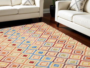 Homeroots 8' Ivory Blue And Red Geometric Hand-tufted Wool Area Rug – Unique Bohemian Statement Piece For Home  Wool 553295