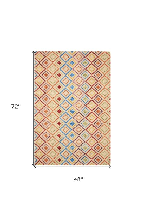 Homeroots 4' X 6' Hand-tufted Wool Geometric Area Rug In Ivory, Blue & Red – Stylish, Unique & Cozy Addition!  Wool 553297