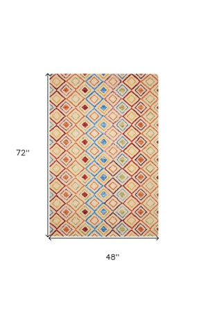 Homeroots 4' X 6' Hand-tufted Wool Geometric Area Rug In Ivory, Blue & Red – Stylish, Unique & Cozy Addition!  Wool 553297