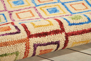 HomeRoots 4' Hand-Tufted Wool Area Rug with Ivory, Blue, and Red Geometric Pattern for Bohemian Charm 4' X 6' 553297