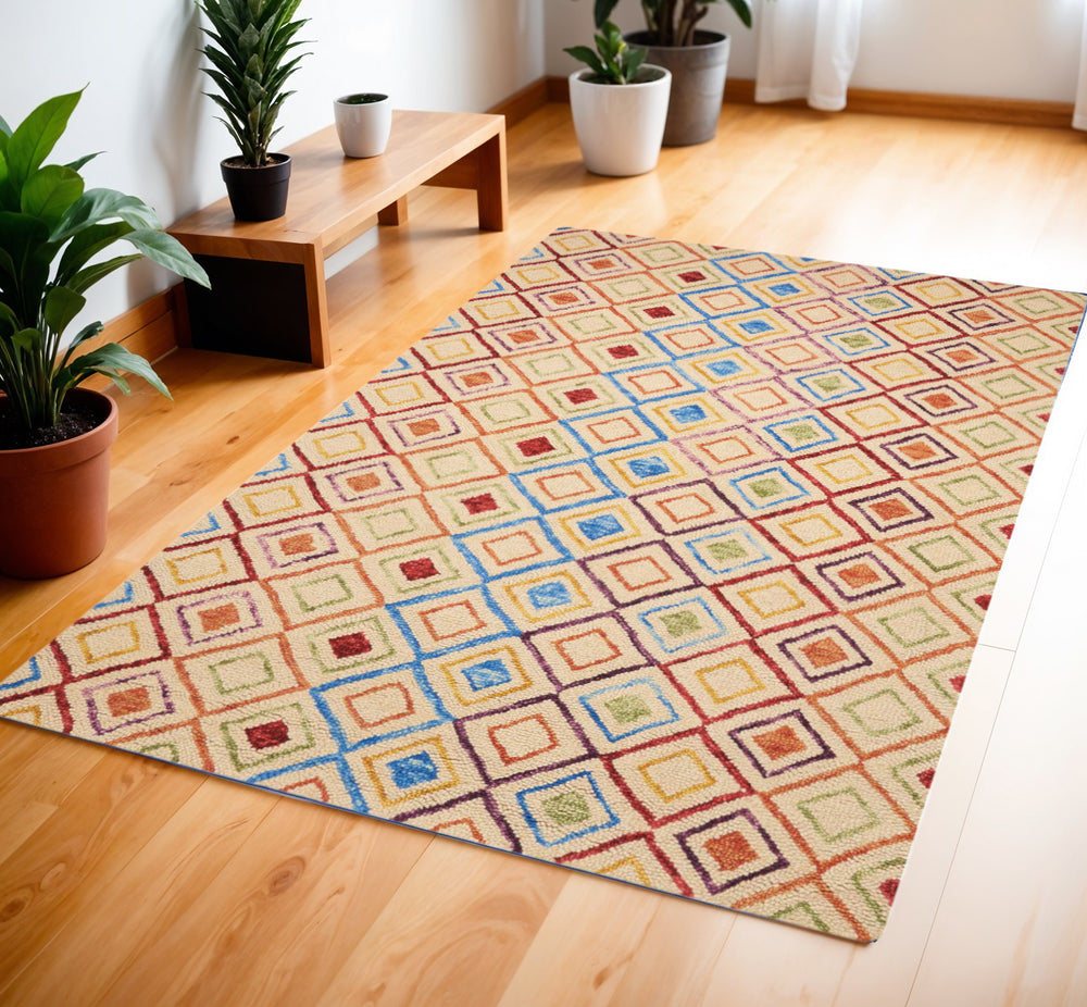 Homeroots 4' X 6' Hand-tufted Wool Geometric Area Rug In Ivory, Blue & Red – Stylish, Unique & Cozy Addition!  Wool 553297