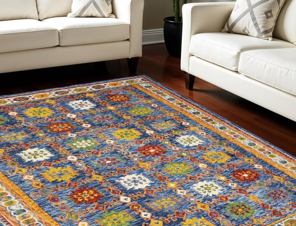Homeroots 8' X 11' Hand-tufted Distressed Wool Area Rug In Navy Blue, Orange & Green - Unique Floral Design!  Wool 553298