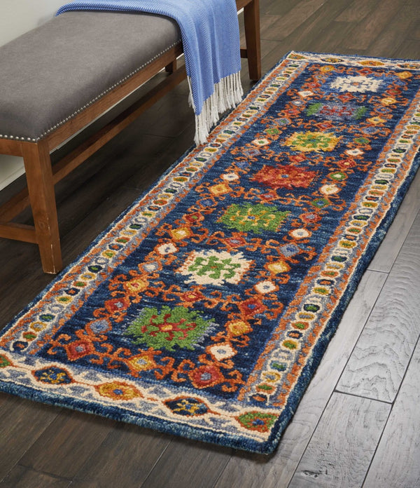 Homeroots 8' Hand-tufted Distressed Runner Rug In Navy Blue, Orange, And Green - Unique Floral Design For Cozy Spaces  Wool 553299