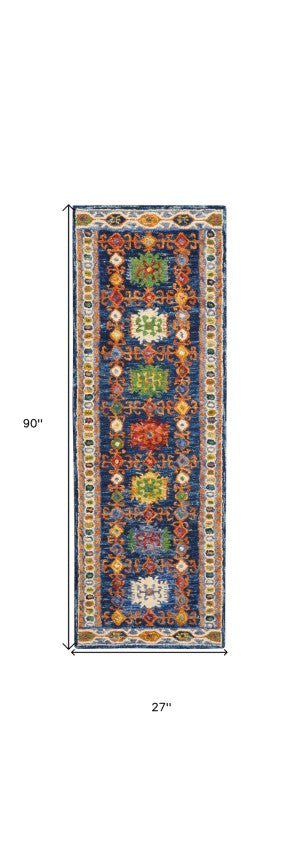 Homeroots 8' Hand-tufted Distressed Runner Rug In Navy Blue, Orange, And Green - Unique Floral Design For Cozy Spaces  Wool 553299