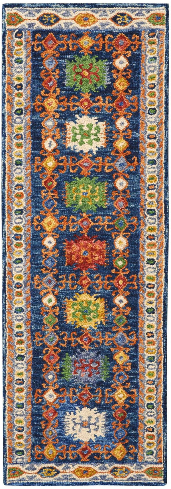 Homeroots 8' Hand-tufted Distressed Runner Rug In Navy Blue, Orange, And Green - Unique Floral Design For Cozy Spaces  Wool 553299