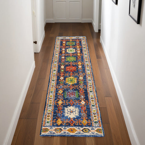 Homeroots 8' Hand-tufted Distressed Runner Rug In Navy Blue, Orange, And Green - Unique Floral Design For Cozy Spaces  Wool 553299