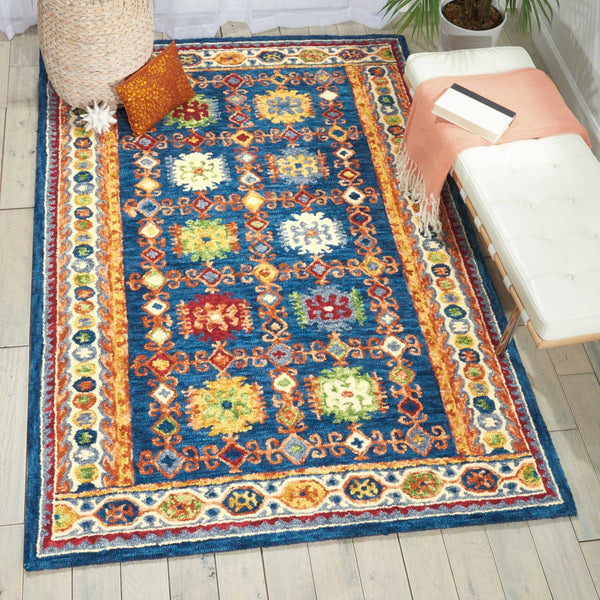 Homeroots 5' Hand-tufted Navy Blue, Orange & Green Wool Floral Area Rug - Unique Bohemian Focal Point Decor  Wool 553300