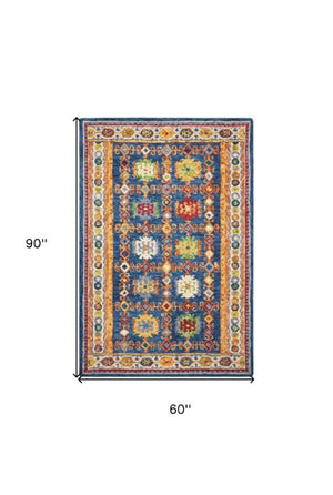 Homeroots 5' Hand-tufted Navy Blue, Orange & Green Wool Floral Area Rug - Unique Bohemian Focal Point Decor  Wool 553300