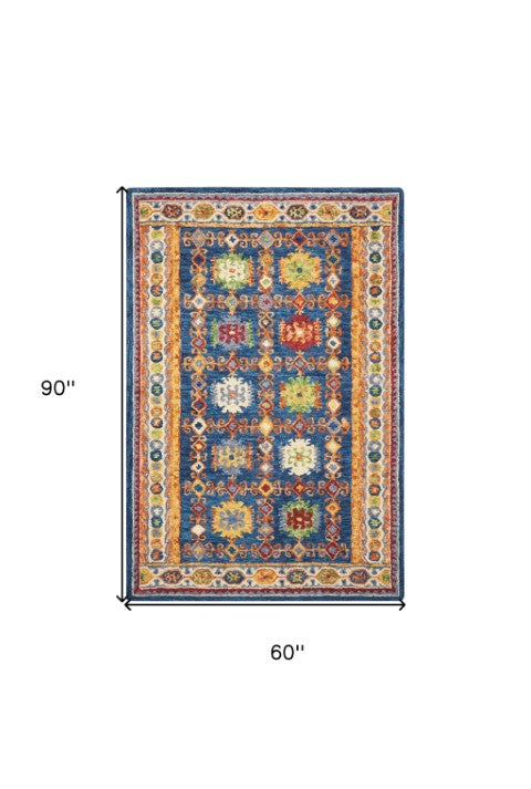 Homeroots 5' Hand-tufted Navy Blue, Orange & Green Wool Floral Area Rug - Unique Bohemian Focal Point Decor  Wool 553300