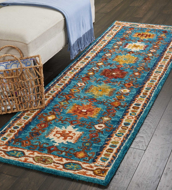 Homeroots 8' Hand-tufted Navy Blue, Orange & Green Wool Floral Runner Rug – Unique Bohemian Accent For Your Home  Wool 553303