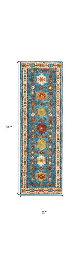 Homeroots 8' Hand-tufted Navy Blue, Orange & Green Wool Floral Runner Rug – Unique Bohemian Accent For Your Home  Wool 553303