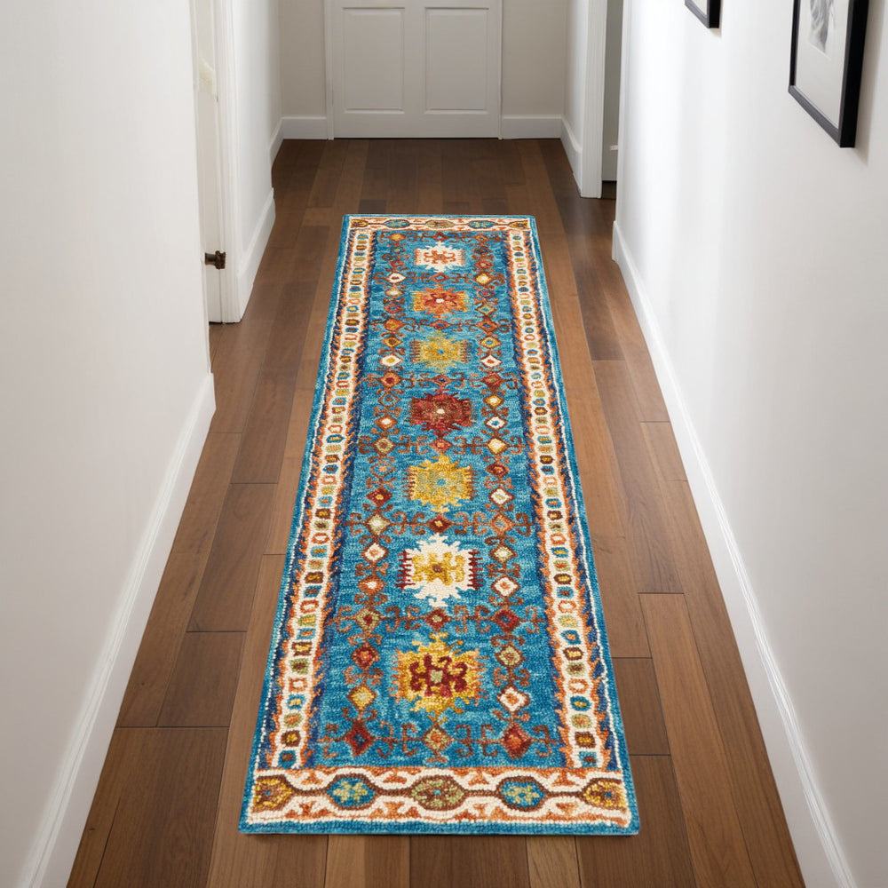 Homeroots 8' Hand-tufted Navy Blue, Orange & Green Wool Floral Runner Rug – Unique Bohemian Accent For Your Home  Wool 553303