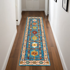 Homeroots 8' Hand-tufted Navy Blue, Orange & Green Wool Floral Runner Rug – Unique Bohemian Accent For Your Home  Wool 553303