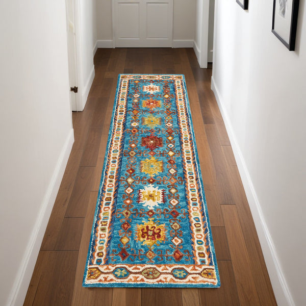 Homeroots 8' Hand-tufted Navy Blue, Orange & Green Wool Floral Runner Rug – Unique Bohemian Accent For Your Home  Wool 553303