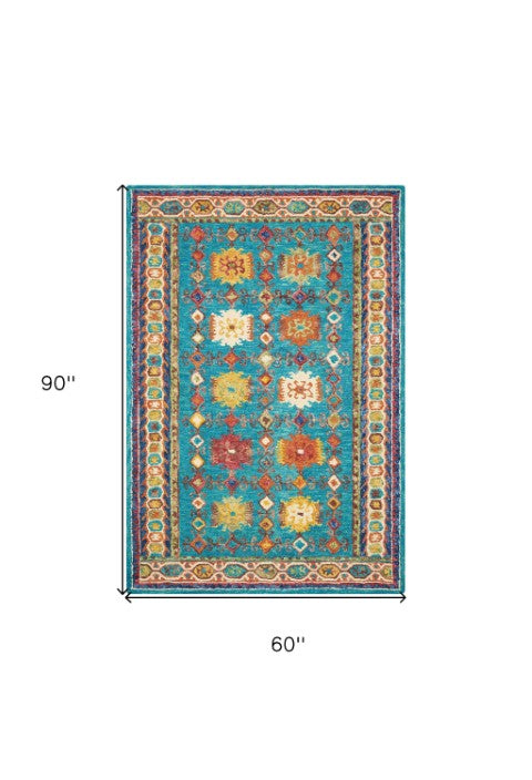 Homeroots 5' Hand-tufted Navy Blue, Orange & Green Wool Floral Area Rug - Unique Bohemian Focal Point Decor  Wool 553304