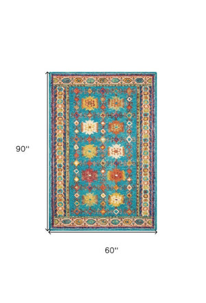 Homeroots 5' Hand-tufted Navy Blue, Orange & Green Wool Floral Area Rug - Unique Bohemian Focal Point Decor  Wool 553304