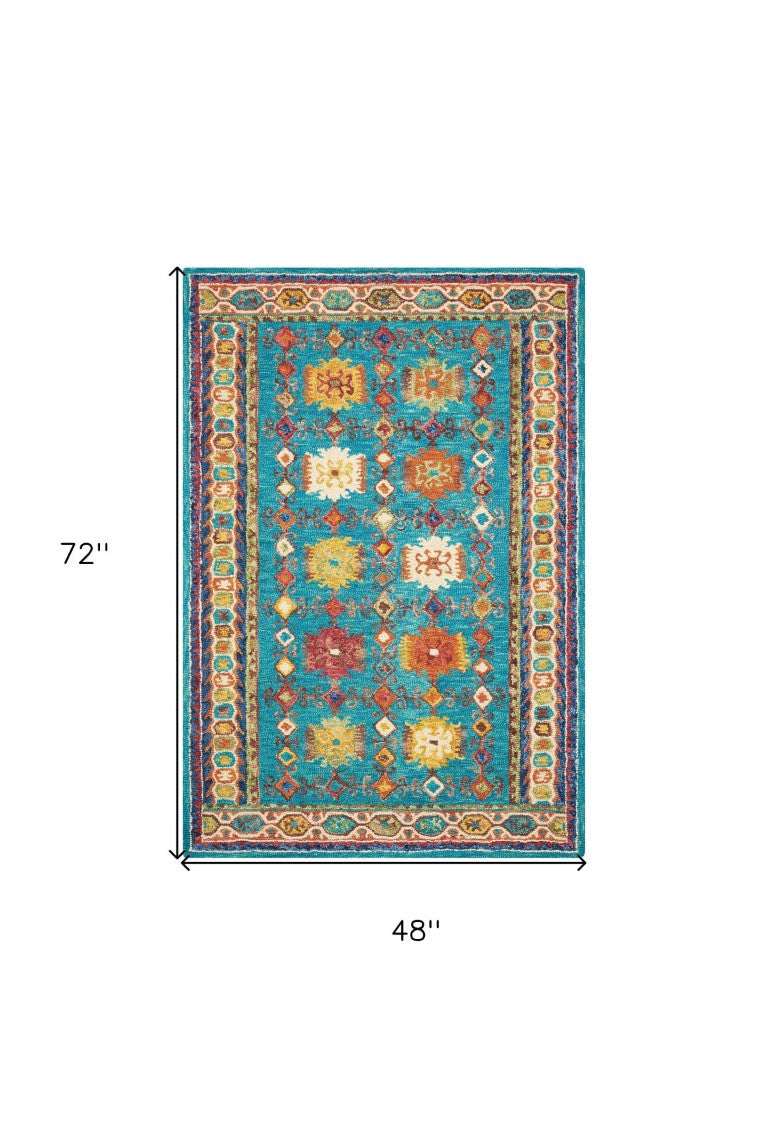 HomeRoots 4 X 6 Hand Tufted Wool Floral Area Rug Bohemian Blue Cut Pile Bedroom Accent 553305