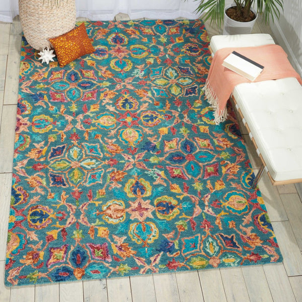 Homeroots 4' X 6' Teal Blue Yellow Red Wool Floral Hand Tufted Area Rug - Unique Bohemian Style For Any Space  Wool 553309