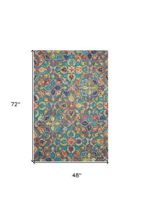 Homeroots 4' X 6' Teal Blue Yellow Red Wool Floral Hand Tufted Area Rug - Unique Bohemian Style For Any Space  Wool 553309