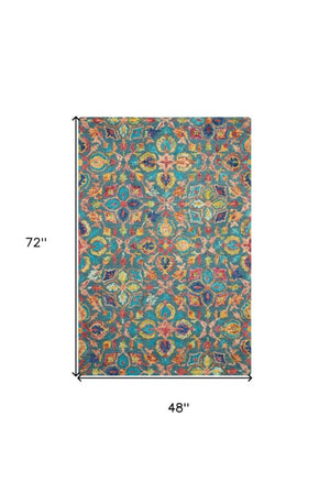 Homeroots 4' X 6' Teal Blue Yellow Red Wool Floral Hand Tufted Area Rug - Unique Bohemian Style For Any Space  Wool 553309