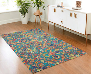 Homeroots 4' X 6' Teal Blue Yellow Red Wool Floral Hand Tufted Area Rug - Unique Bohemian Style For Any Space  Wool 553309