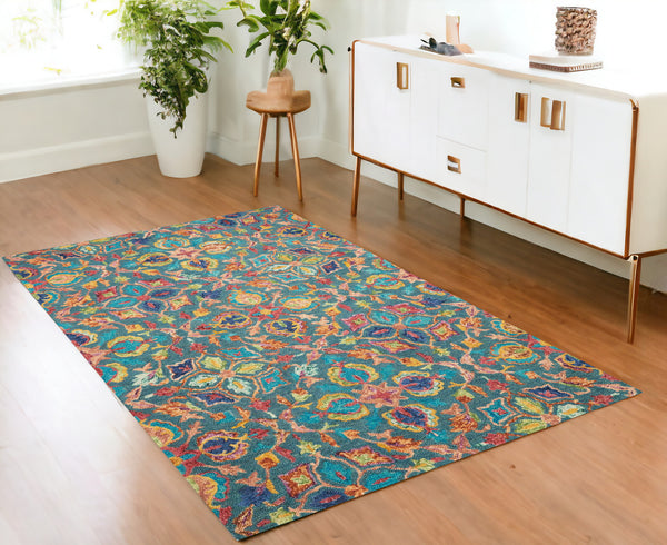Homeroots 4' X 6' Teal Blue Yellow Red Wool Floral Hand Tufted Area Rug - Unique Bohemian Style For Any Space  Wool 553309