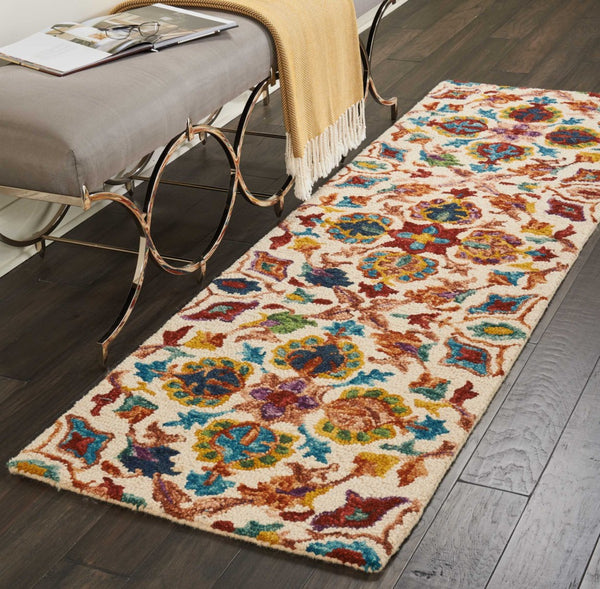 Homeroots 8' Ivory Red And Orange Wool Floral Hand-tufted Runner Rug - Unique Bohemian Design For Any Space  Wool 553312