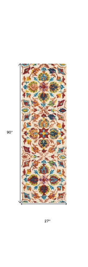 Homeroots 8' Ivory Red And Orange Wool Floral Hand-tufted Runner Rug - Unique Bohemian Design For Any Space  Wool 553312