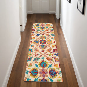Homeroots 8' Ivory Red And Orange Wool Floral Hand-tufted Runner Rug - Unique Bohemian Design For Any Space  Wool 553312