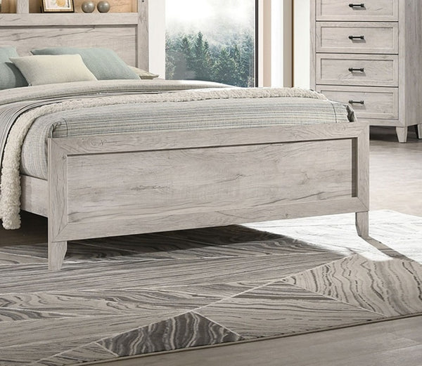 English Elm Simple Queen Size Bed With Integrated Headboard Shelves & Ambient Lighting - White Wash Finish B2741S00220-GIGA