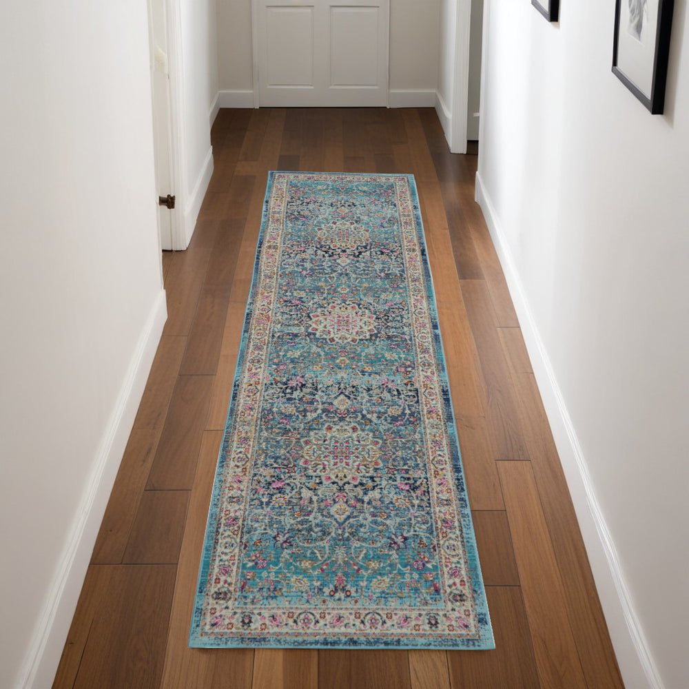 Homeroots 8' Blue And Beige Floral Distressed Runner Rug - Stain Resistant, Durable, Perfect For High Traffic Areas  Polypropylene 553333