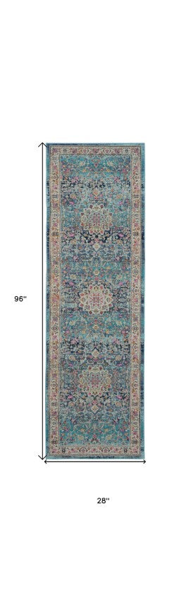 Homeroots 8' Blue And Beige Floral Distressed Runner Rug - Stain Resistant, Durable, Perfect For High Traffic Areas  Polypropylene 553333