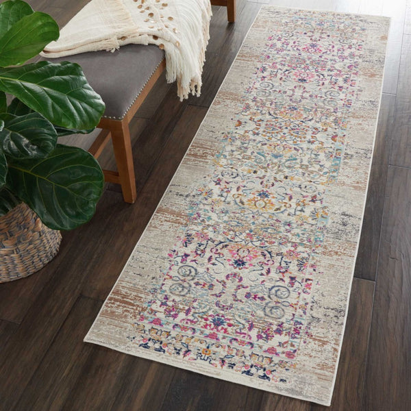 Homeroots 8' Elegant Ivory & Brown Floral Distressed Runner Rug – Stain Resistant, Durable & Stylish Accent  Polypropylene 553335