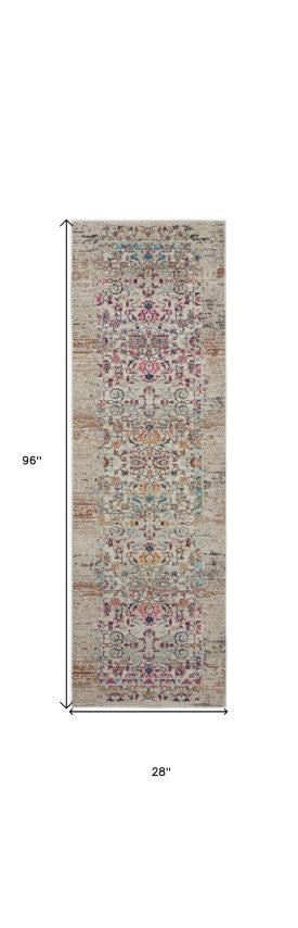 Homeroots 8' Elegant Ivory & Brown Floral Distressed Runner Rug – Stain Resistant, Durable & Stylish Accent  Polypropylene 553335