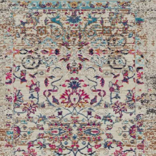 Homeroots 8' Elegant Ivory & Brown Floral Distressed Runner Rug – Stain Resistant, Durable & Stylish Accent  Polypropylene 553335