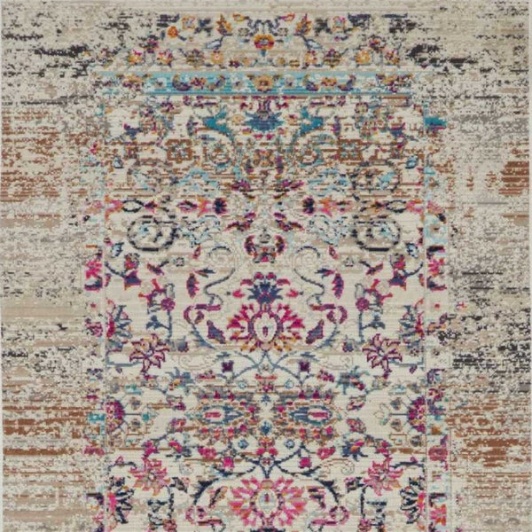 Homeroots 8' Elegant Ivory & Brown Floral Distressed Runner Rug – Stain Resistant, Durable & Stylish Accent  Polypropylene 553335