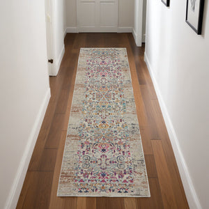 Homeroots 8' Elegant Ivory & Brown Floral Distressed Runner Rug – Stain Resistant, Durable & Stylish Accent  Polypropylene 553335