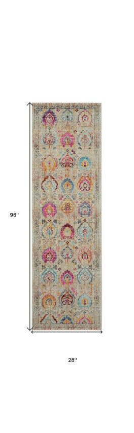 Homeroots 8' Ivory Pink And Orange Floral Distressed Runner Rug – Durable, Stain Resistant, Perfect For High Traffic Areas  Polypropylene 553336