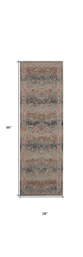 Homeroots 8' Ivory Brown And Gray Floral Distressed Runner Rug - Durable, Stain Resistant, Ideal For Busy Homes  Polypropylene 553337