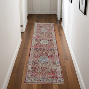 Homeroots 8' Ivory And Red Floral Distressed Runner Rug – Durable, Stain Resistant, Perfect For Hallways & More!  Polypropylene 553338