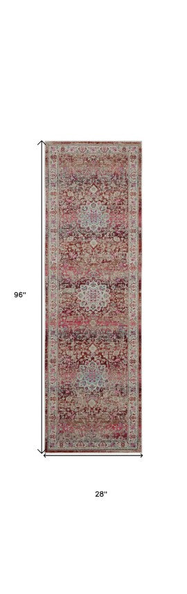 Homeroots 8' Ivory And Red Floral Distressed Runner Rug – Durable, Stain Resistant, Perfect For Hallways & More!  Polypropylene 553338