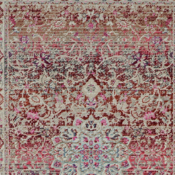 Homeroots 8' Ivory And Red Floral Distressed Runner Rug – Durable, Stain Resistant, Perfect For Hallways & More!  Polypropylene 553338